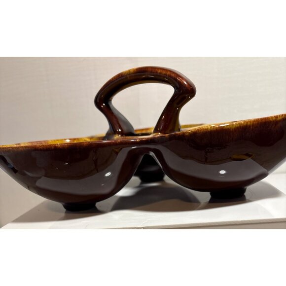 Blue Mountain Pottery Divided Dish Harvest Gold Nuts Condiments Candy Handle MCM - Picture 4 of 9